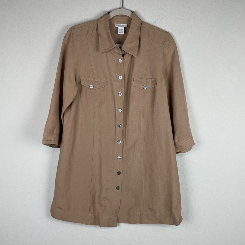 Soft Surroundings Tan Light Brown Linen Blend 3/4 Sleeves Button Up Tunic Medium